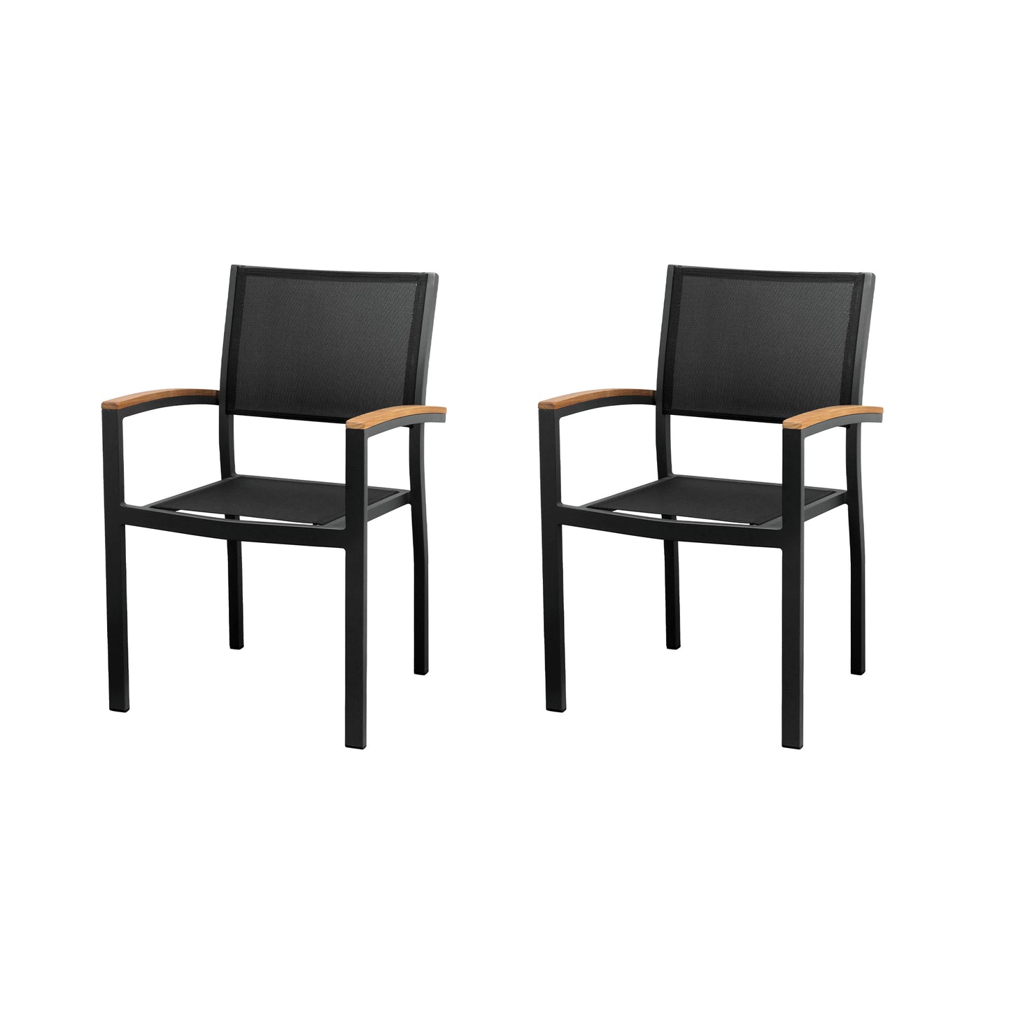 HIGOLD Heck Stackable Patio Dining Chairs Set of 2 Textilene Chairs with Teak Armrest for Garden Deck Aluminum Frame Outdoor Chairs, Black
