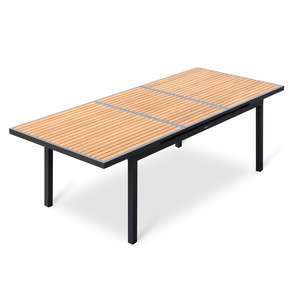 HIGOLD Heck Large Teak Extendable Dining Table for 6-8 Slatted Tabletop Aluminum Rectangular Patio Table for Garden Deck Lawn Porch