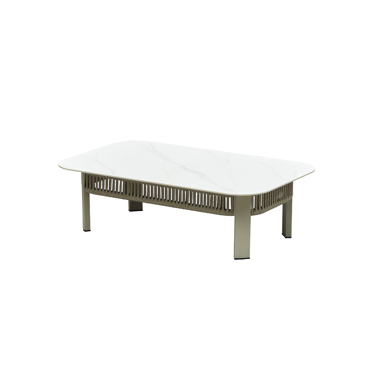 HIGOLD Bala Coffee Table Sintered Stone Tabletop Aluminum Frame with Modern Rattan Rope Design for Indoor Living Room Outdoor Garden Rectangle, White
