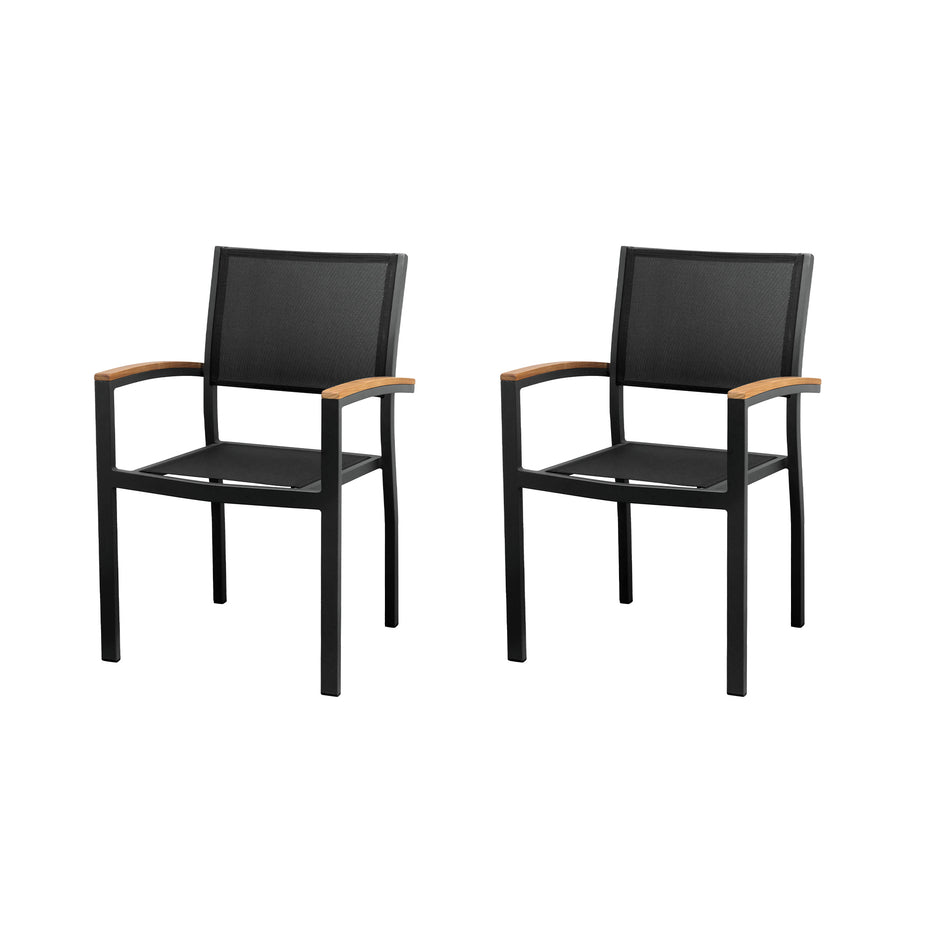HIGOLD Heck Stackable Patio Dining Chairs Set of 2 Textilene Chairs with Teak Armrest for Garden Deck Aluminum Frame Outdoor Chairs, Black