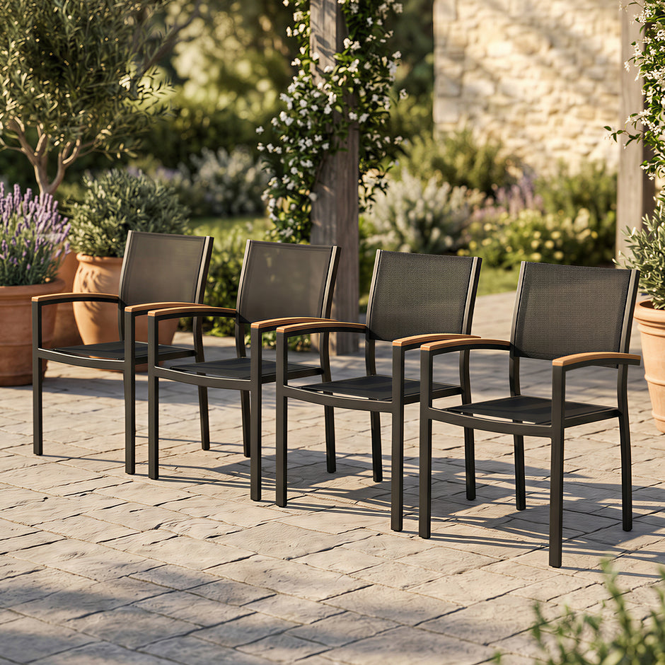 HIGOLD Heck Stackable Patio Dining Chairs Set of 4 Textilene Chairs with Teak Armrest for Garden Deck Aluminum Frame Outdoor Chairs, Black