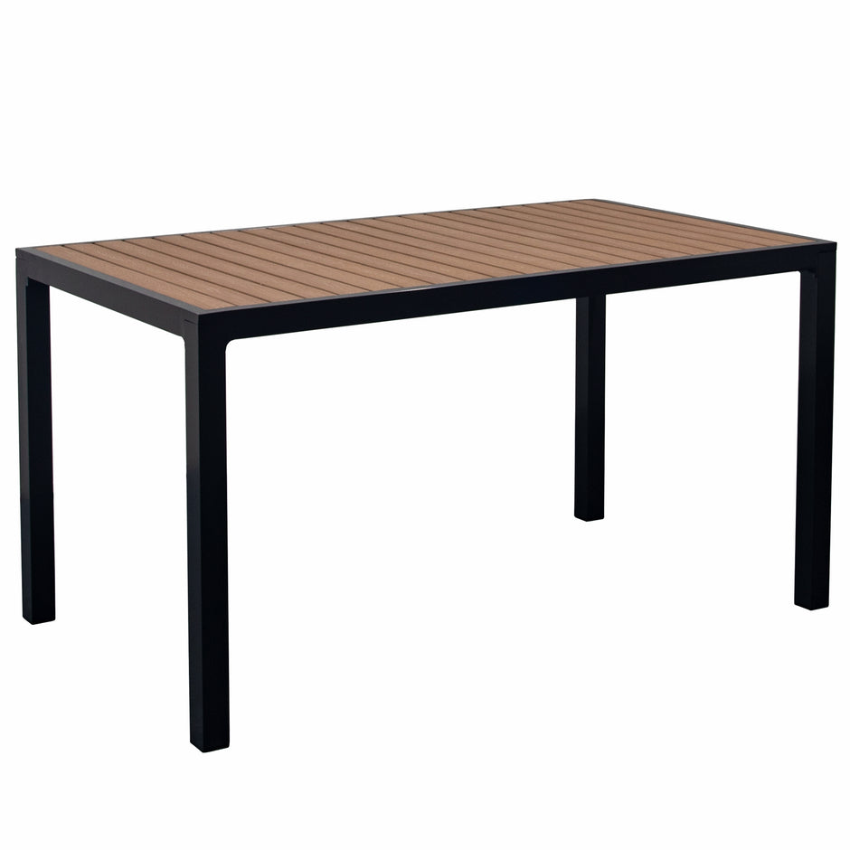 HIGOLD Auto Outdoor Dining Table 55.12"L×31.5"W×29.53"H All-Weather Powder Coating Aluminum Woodgrain Table for 4-6 People Use