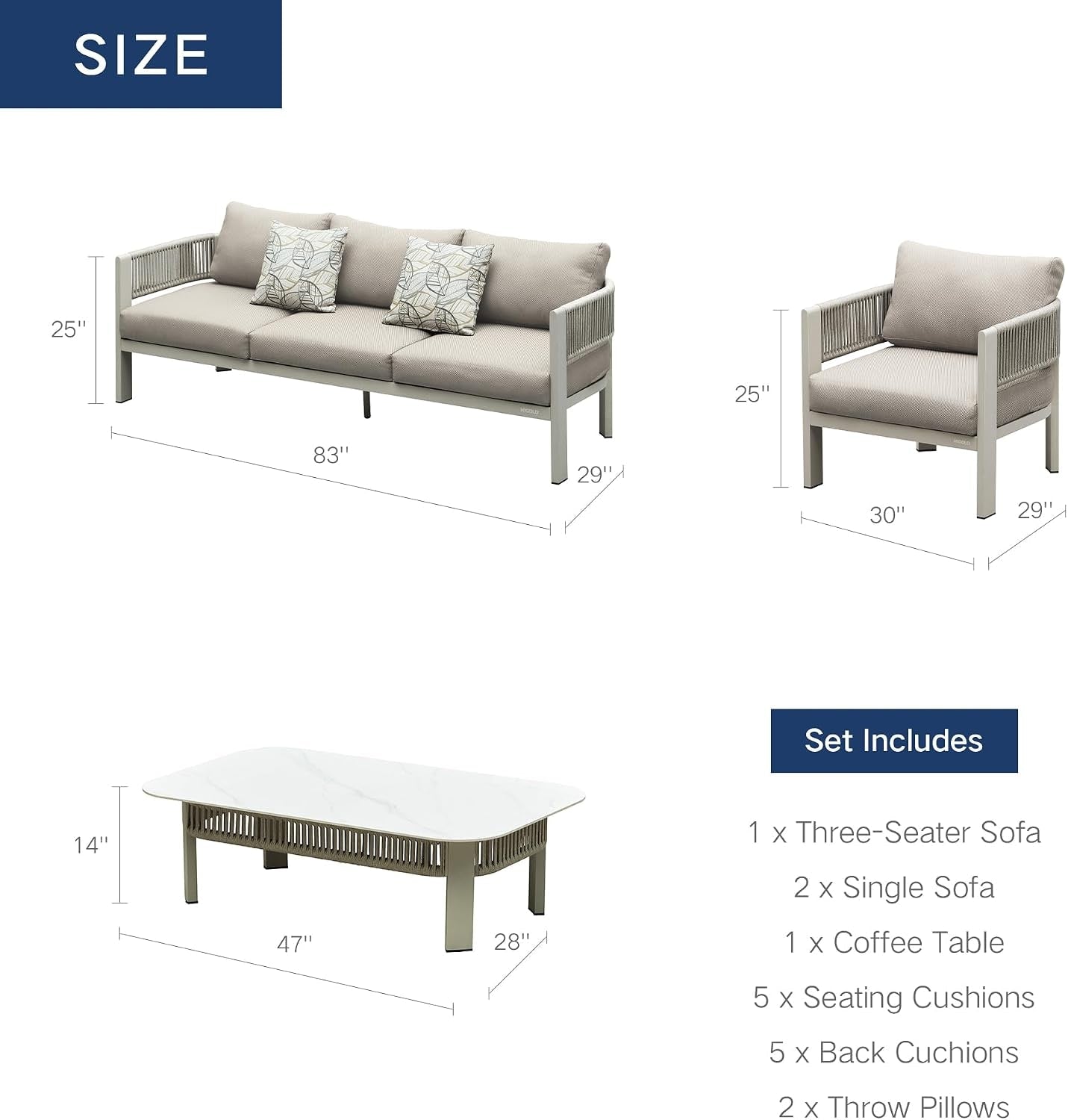 Maße und Lieferumfang des HIGOLD Bala Gartenlounge-Sets für 5 Personen