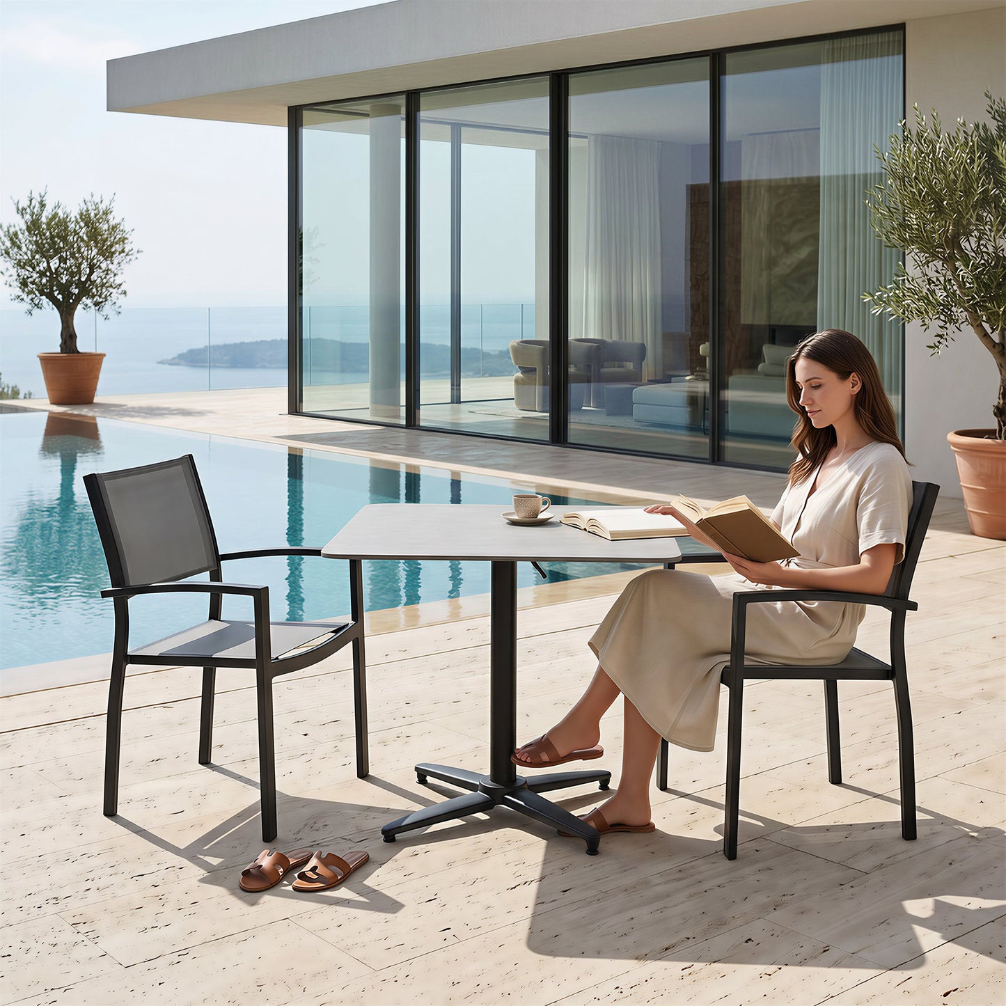 HIGOLD Bloom Klapptisch mit zwei Gartenstühlen am Pool