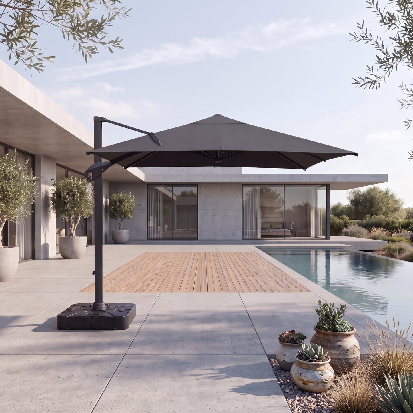 Dunkelgrauer HIGOLD Ampelschirm auf einer modernen Poolterrasse