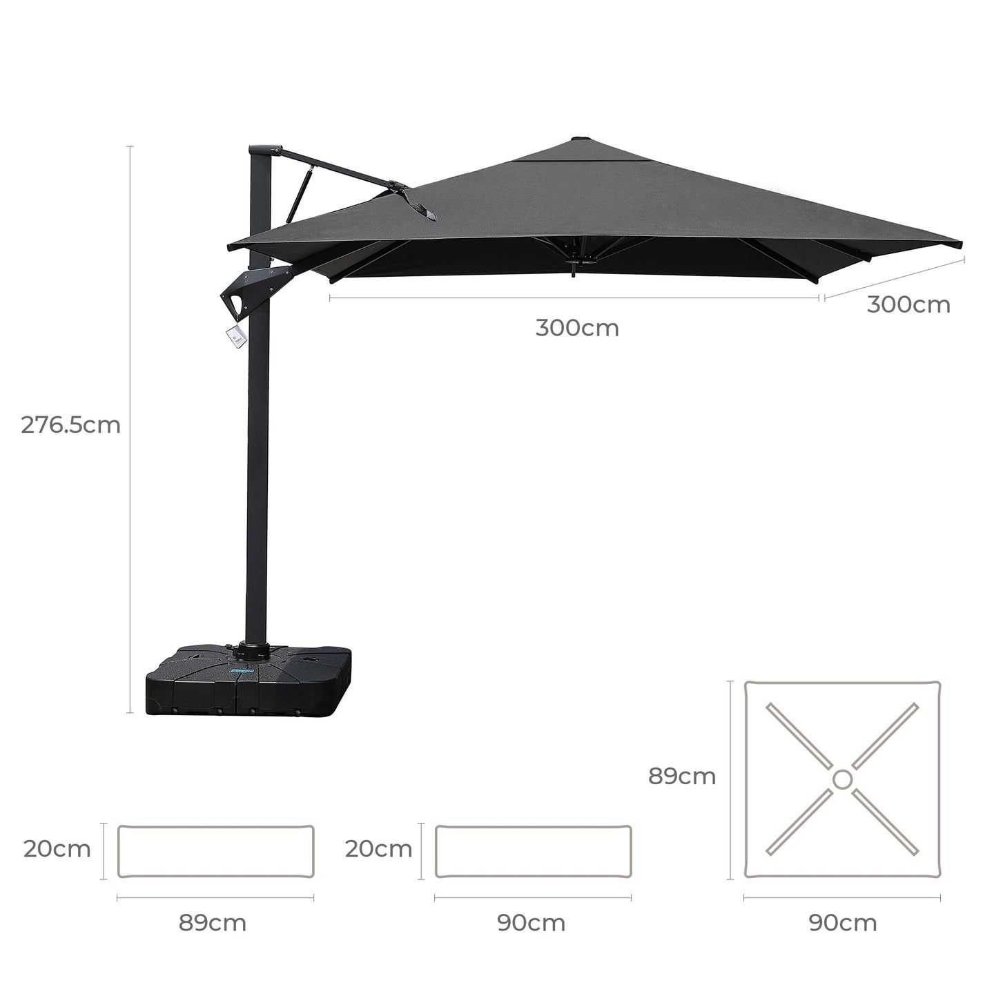 Produktmaße des HIGOLD Ampelschirms 300 x 300 cm