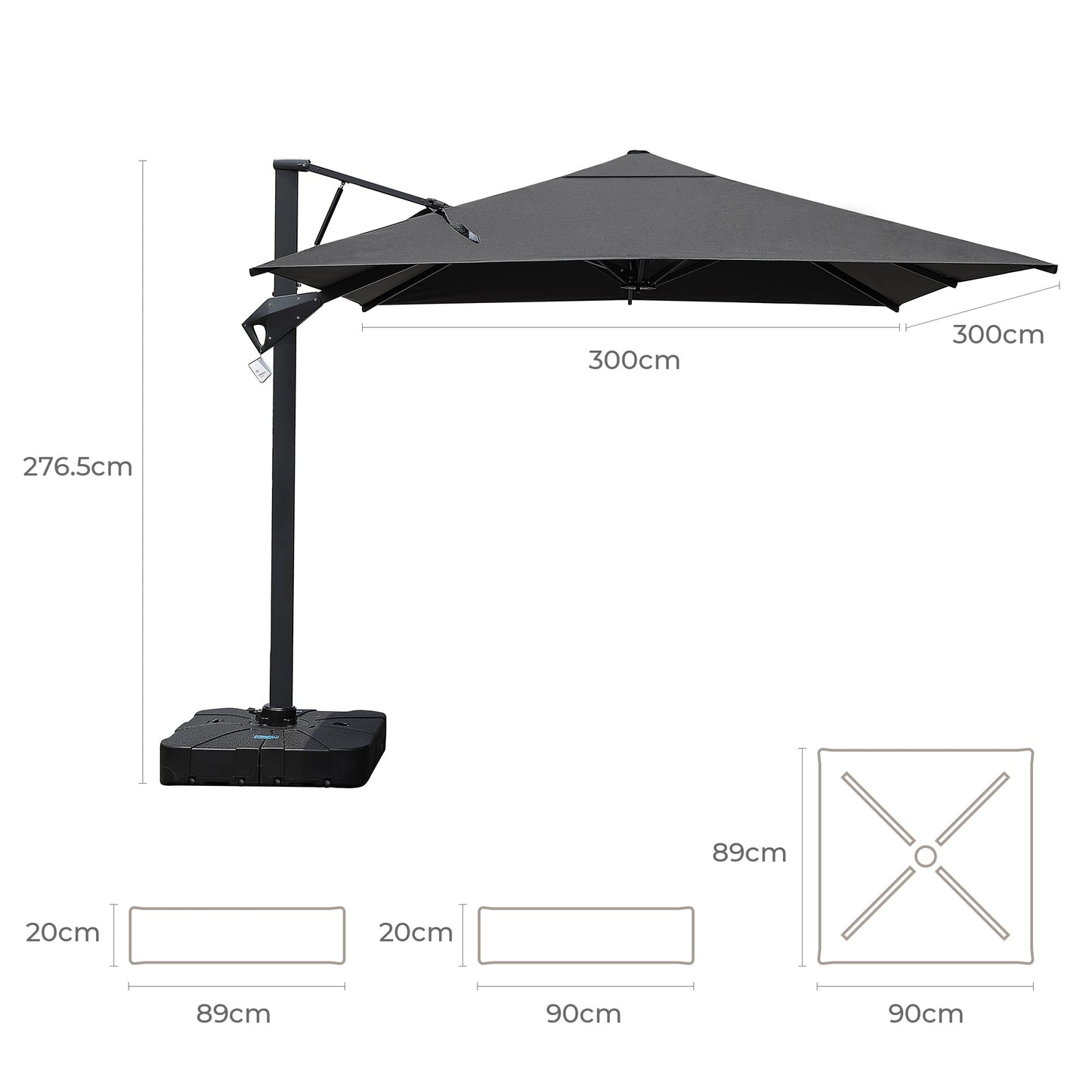 Produktmaße des HIGOLD Ampelschirms 300 x 300 cm