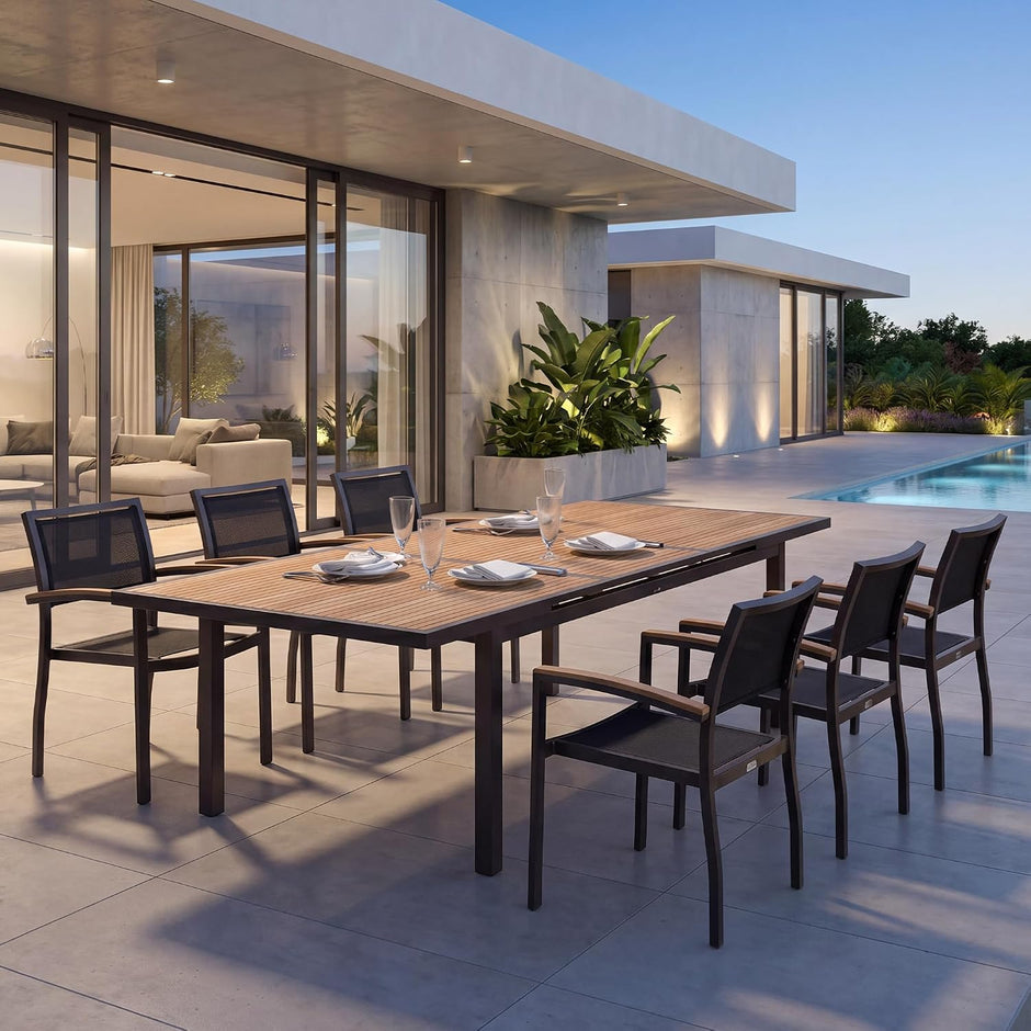 HIGOLD Heck Gartenmöbel-Set für 6 Personen mit Teak-Ausziehtisch