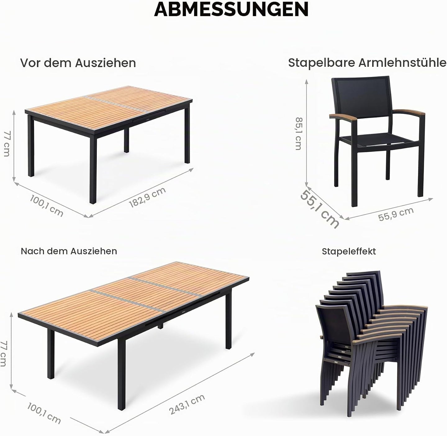 Maße des HIGOLD Heck Teak-Ausziehtisches und der sechs Gartenstühle