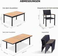 Maße des HIGOLD Heck Teak-Ausziehtisches und der sechs Gartenstühle