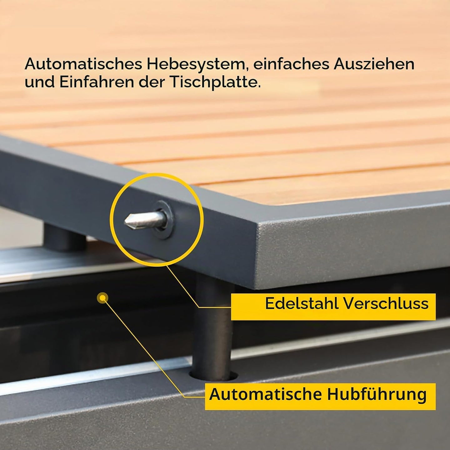 Automatischer Hubmechanismus des HIGOLD Heck Teak-Ausziehtisches