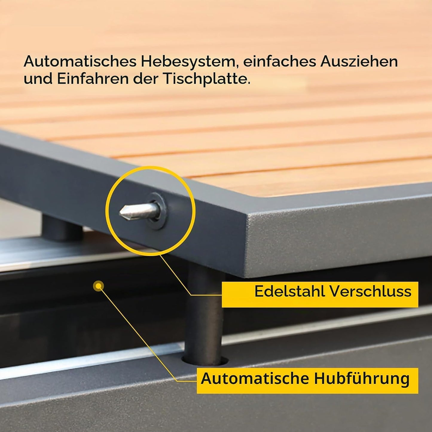 Automatischer Hubmechanismus des HIGOLD Heck Teak-Ausziehtisches