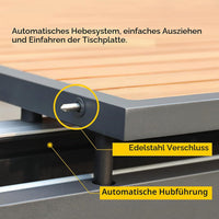 Automatischer Hubmechanismus des HIGOLD Heck Teak-Ausziehtisches