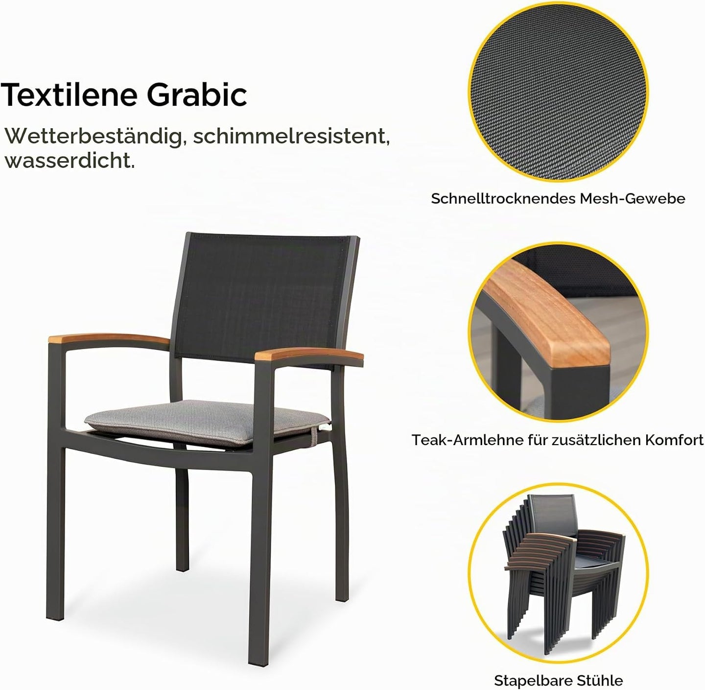 HIGOLD Heck Textilene-Gartenstuhl mit Teakholz-Armlehnen