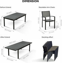 Maße des HIGOLD Heck Aluminium-Ausziehtisches und der acht Gartenstühle