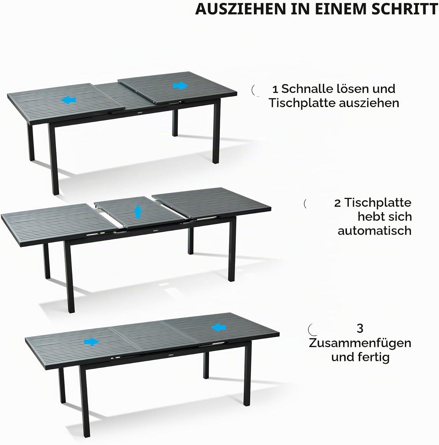 Ausziehfunktion des HIGOLD Heck Aluminium-Gartentisches in drei Schritten