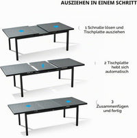 Ausziehfunktion des HIGOLD Heck Aluminium-Gartentisches in drei Schritten