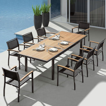 compare product HIGOLD Heck Gartenmöbel Set 9-TLG Teak-Ausziehtisch & Textilene-Stuhl