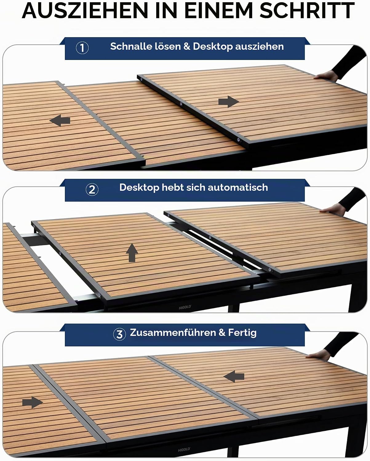 Ausziehfunktion des HIGOLD Heck Teak-Gartentisches in drei Schritten
