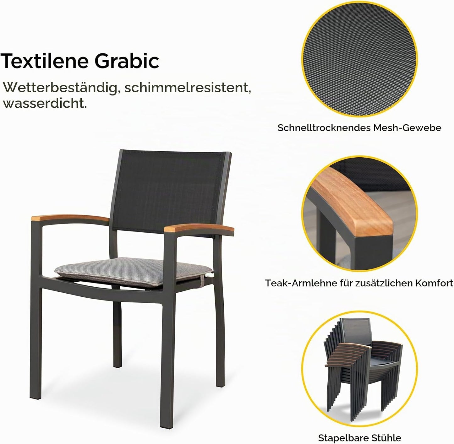 HIGOLD Heck Textilene-Gartenstuhl mit Teakholz-Armlehnen